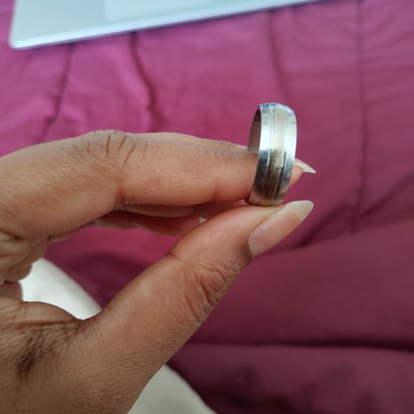 Men's Stainless Steel Ring/Band with Gold Colour Center Strip - Picture 3 of 6